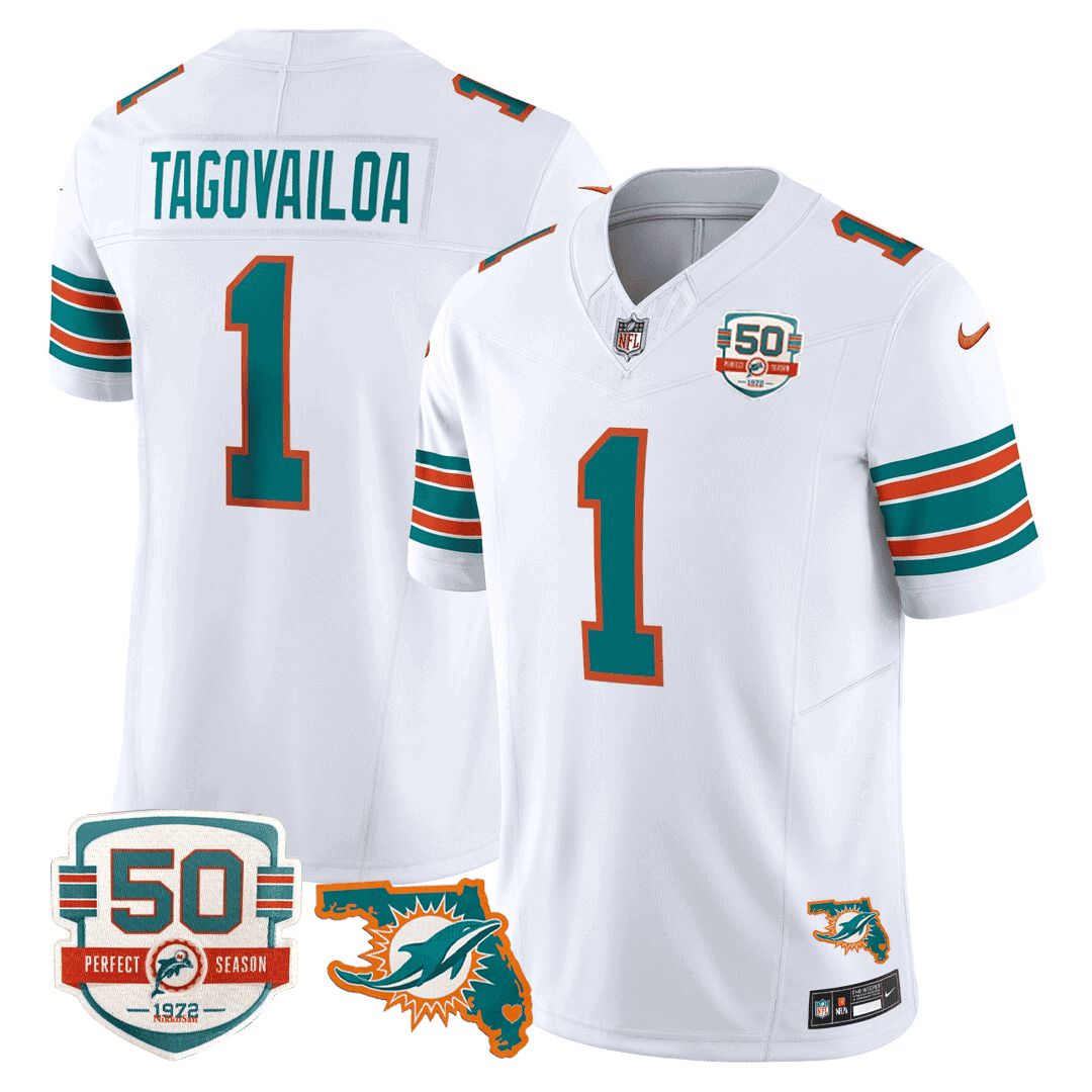 Men Miami Dolphins #1 Tagovailoa White 2024 Nike Throwback 50th Perfect Season Florida Patch Vapor NFL Jersey